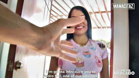 Smiling Latina with big tits touched on face by stranger's hand at door in pickup