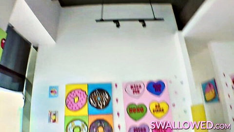 Pink room decorated with swallow kiss heart donuts for swallowed.com cumswap blowjob videos