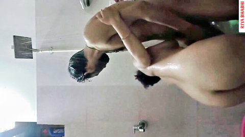 Curvy Indian bhabhi threesome in steamy shower, man fucking big ass doggy style while she licks wet pussy
