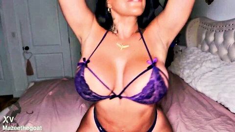 Kiara Mia in revealing purple lingerie, flaunting massive breasts
