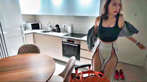 Brunette babe in kitchen teasing with perfect ass in high-cut white thong and red heels