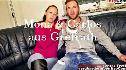 Smiling German amateur couple Mona and Carlos from Grefrath cuddling on couch ready for naughty fuck