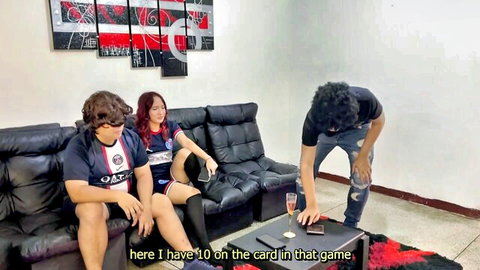 Redhead cheats at card game, fucked brutally while boyfriend watches in awe