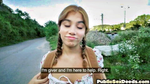 Amateur redhead teen in pigtails outdoors, ready for POV cash sex
