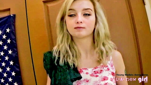 Petite blonde teen in floral top posing for casting audition POV