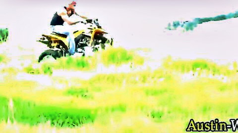 Hot bodybuilder Austin riding quad bike outdoors solo