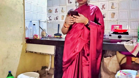 Sexy Indian MILF in red saree selfie, upskirt tease with step-mom vibe