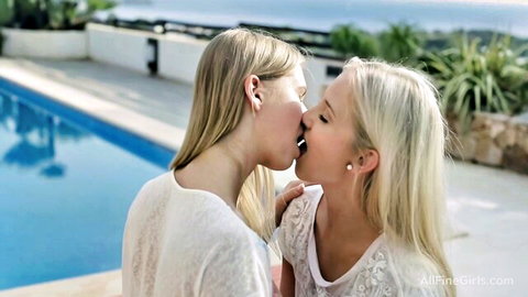 Cayla Lyons and Violette blonde lesbians kissing passionately in white lingerie