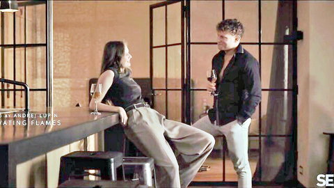 Stacy Cruz in seductive bar flirt with handsome man, sipping wine intimately