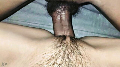 Close-up of hairy erect cock penetrating in steamy virgin deflowering session