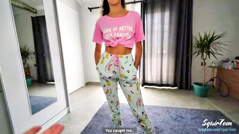 Squir7een posing in pink crop top and patterned pants, casual stepmom vibe