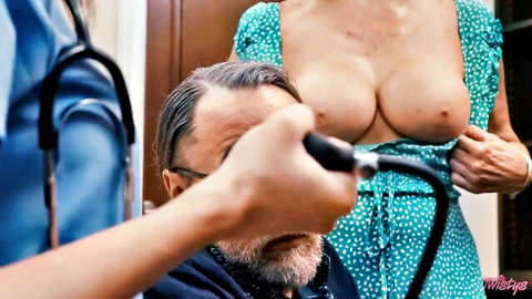 Busty mature MILF exposes huge bare tits for older man's stethoscope exam