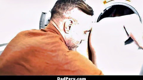 Bearded DILF stepdad stuck headfirst in laundry washing machine with ass out for stepson