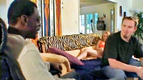 Blonde wife spreads legs teasing pussy for black stud while white husband watches