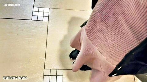 POV hand spreading busty wife's tight pink leggings ass showing cameltoe pussy in bathroom
