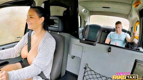 Sofia Lee exposes natural big tits in Fake Taxi, smiling at driver