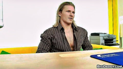 Denis Reed in long-haired office tease, ready for oral action with blonde babe Blazk