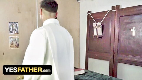 Clothed priest in white collar enters confessional booth in taboo gay roleplay