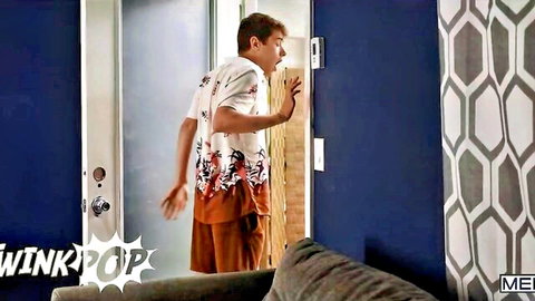 Joey Mills surprised at door in Hawaiian shirt, teasing twink pop scene