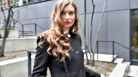 Blonde Russian manager in black coat for deepthroat and anal POV fucking
