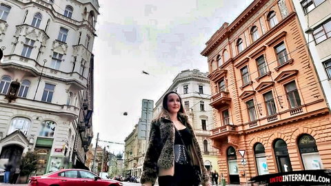 Francys Belle in fur coat and leopard top on urban street, IntoInterracial tease