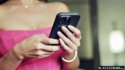 Kimmy Kimm in pink strapless dress holding phone, Asian beauty teasing