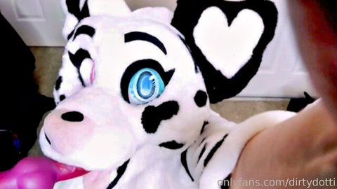 Dotti Pink in dalmatian fursuit deepthroating pink knotted dildo solo