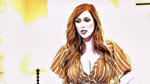 Lauren Phillips redhead MILF in low-cut striped dress showing big cleavage