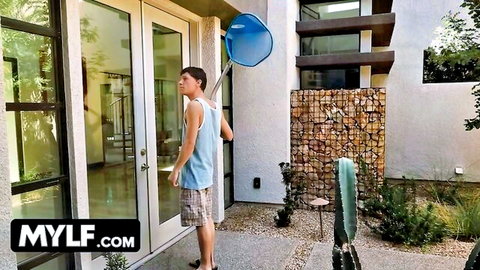 Ariella Ferrera seduces young Latino pool boy with net outside her home