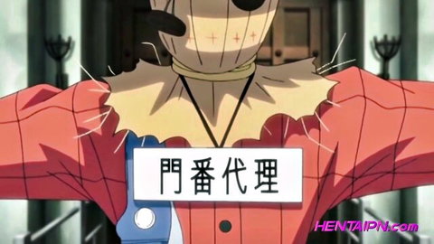 Hentai scarecrow character with burlap sack head and straw arms outstretched in red jacket