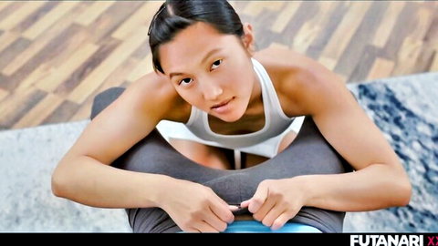 Asian futanari stepsis pulls down pants exposing cock in white tank top