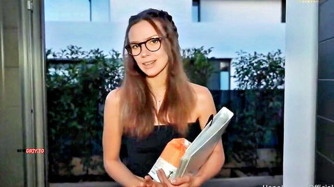 Hope Heaven as sexy sidekick in black dress and glasses, holding tray in outdoor POV tease