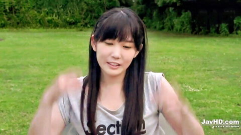 Yui Kasugano in outdoor JAV teaser, excited pose in tank top