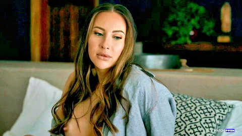 Melissa Stratton topless with big tits in open robe, teasing double penetration scene