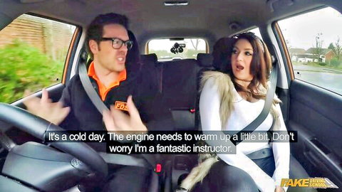 Busty babe seduces driving instructor in car on cold day