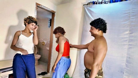 Two curly-haired women and chubby neighbor in intimate threesome tease