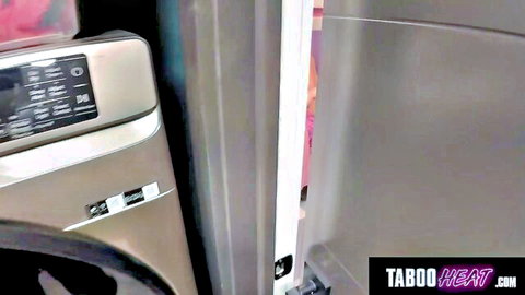Selina Bentz in pink top peeking into dryer, taboo stepdaughter tease