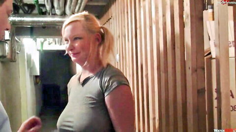 Blonde Sexy-Elli in tight grey top, smiling for POV blowjob tease