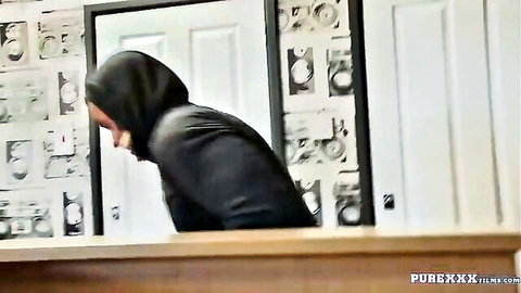 Hooded big-titted MILF bent over desk, caught and punished by naughty officer