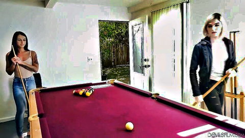 Ella Hollywood and Khloe Kay in casual outfits teasing by pool table