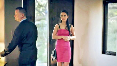 Alina Lopez in tight pink dress, dominated by suited businessman