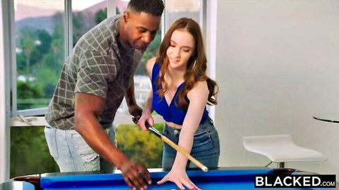 Hazel Moore teases in pool game with black stud, Blacked interracial scene