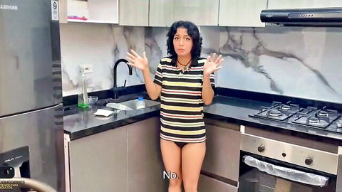 Surprised curvy step-sister in striped top and panties after prank
