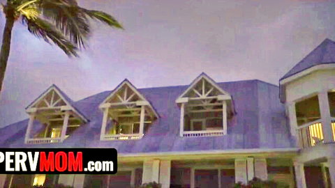 Tropical house exterior at night with lit palm tree and PervyMom watermark