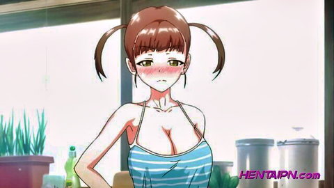 Hentai anime girl with massive tits in tight striped tank top, blushing aroused