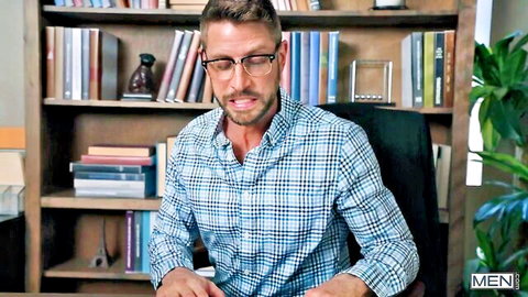 Muscular Johnny Ford in glasses and button-up shirt, gay office tease