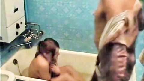 Russian teen babe naked in bathtub, wet hair, surrounded by men for anal pounding