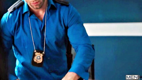 Foxy Alex in blue police shirt, muscular chest and badge necklace tease
