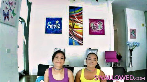 Gia Paige and Penelope Reed smiling in tank tops for Swallowed oral preview