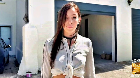 Busty French tutor Sandrillon in tied white blouse, teasing outdoors
